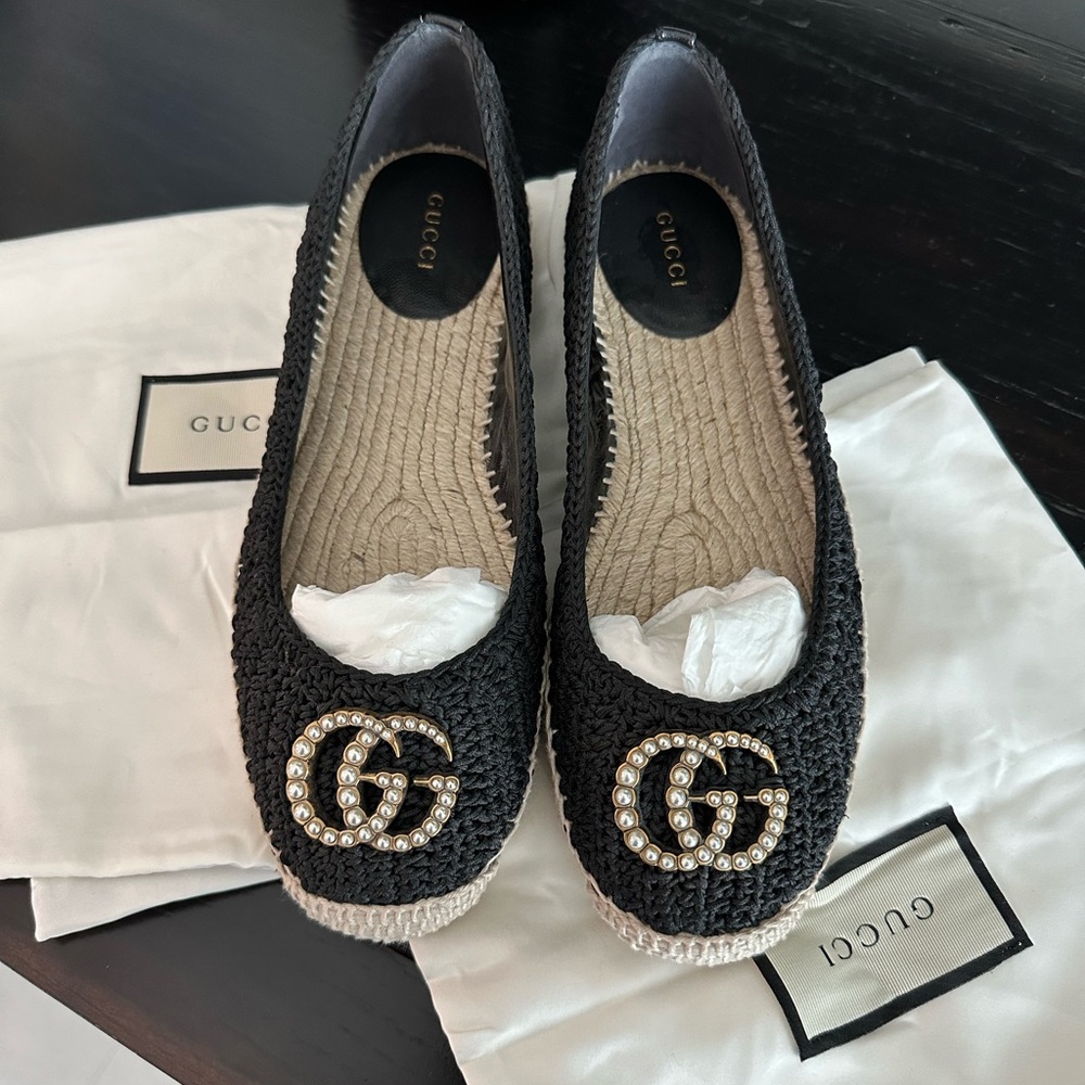 Gucci “Lillibeth” Black Crochet Espadrille flats with Pearl Gucci Marmot Logo
